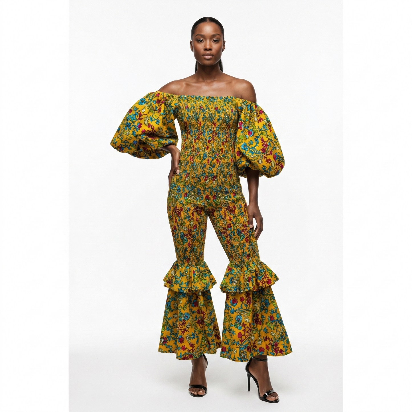 Freda Floral Smocked Bell Bottom Ankara Jumpsuit