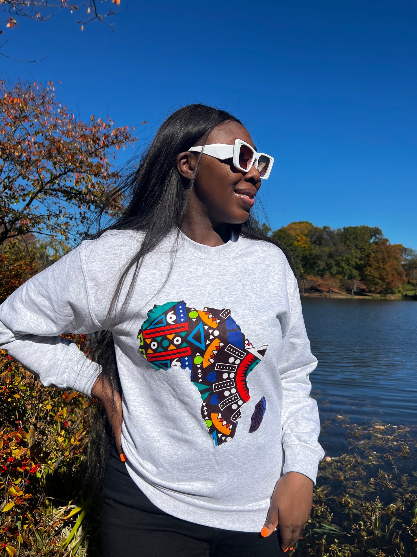 Grey Long Sleeve Sweatshirt with Vibrant Tribal Print African Map
