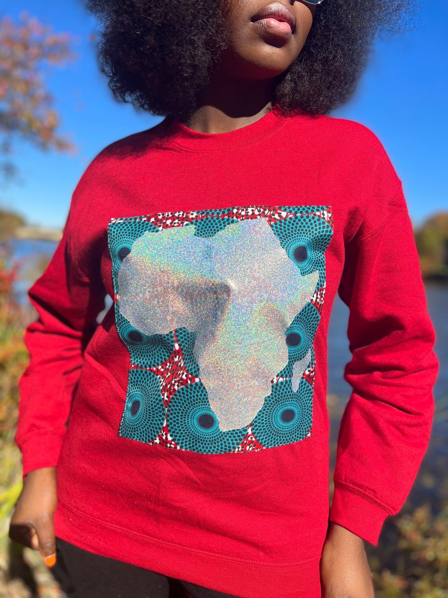 Red Long Sleeve Sweatshirt with Silver African Map on Ankara Square