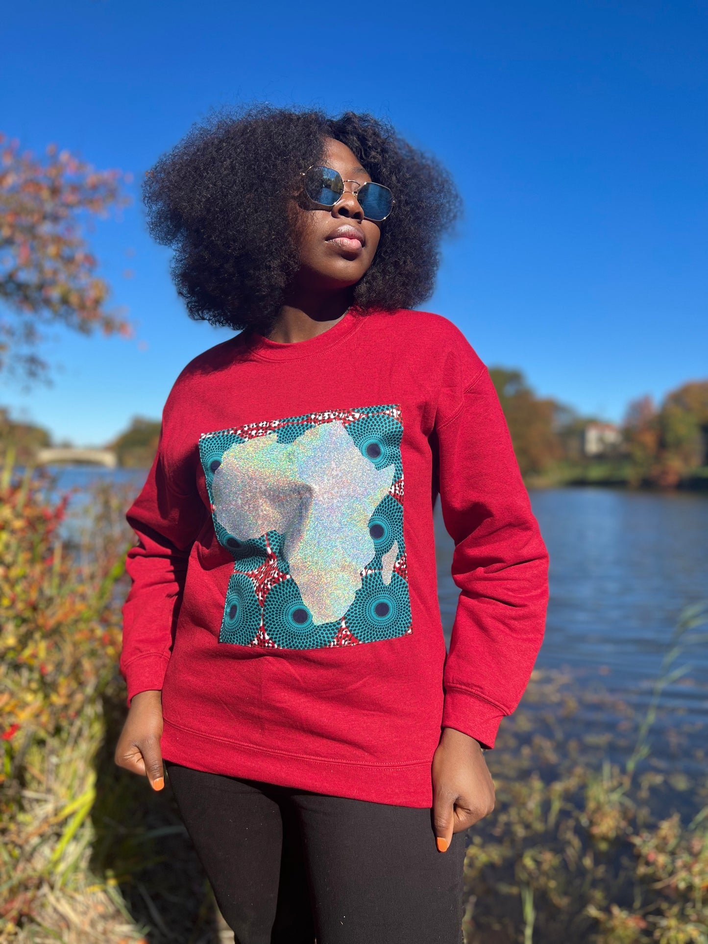 Red Long Sleeve Sweatshirt with Silver African Map on Ankara Square