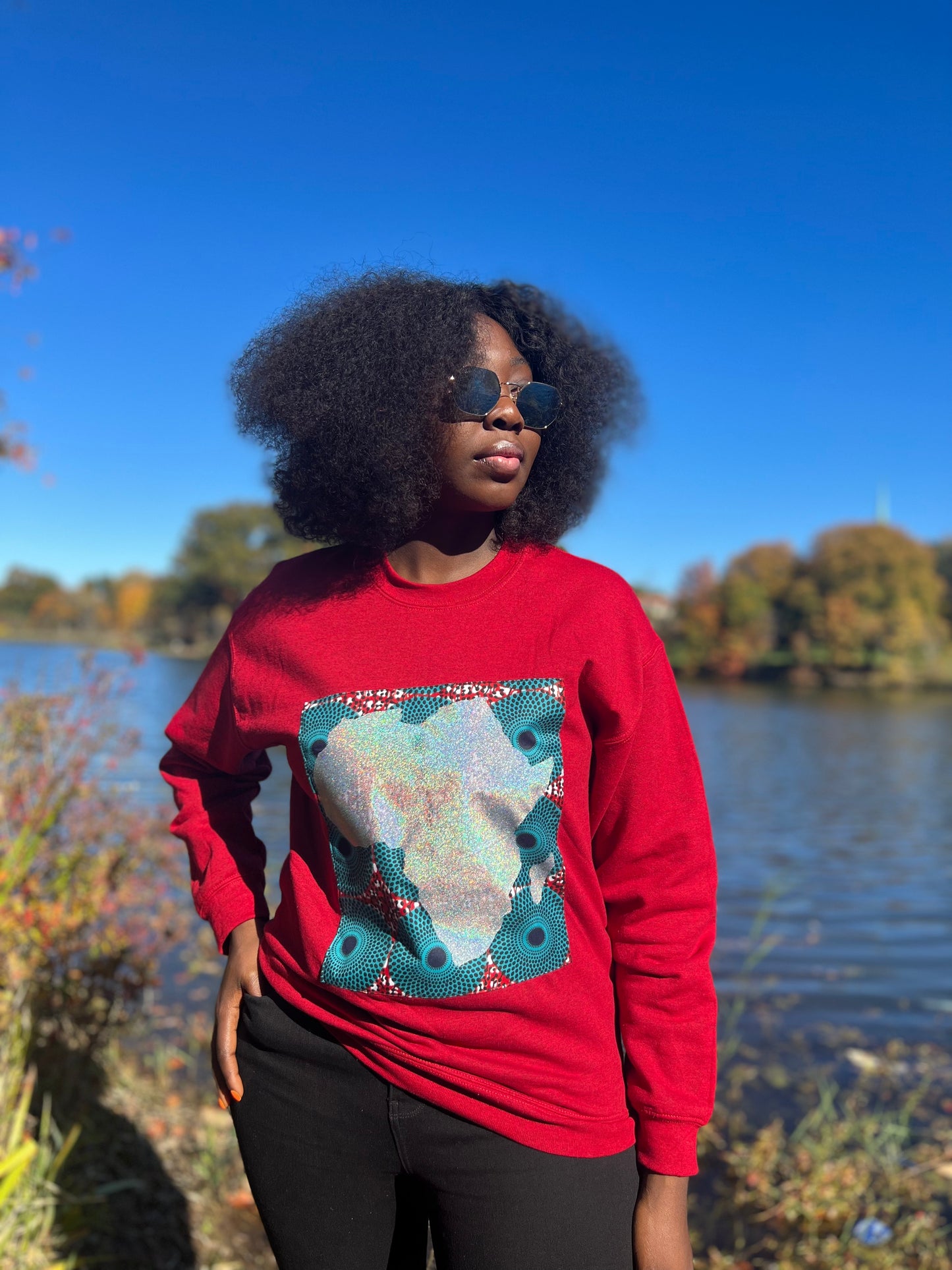 Red Long Sleeve Sweatshirt with Silver African Map on Ankara Square