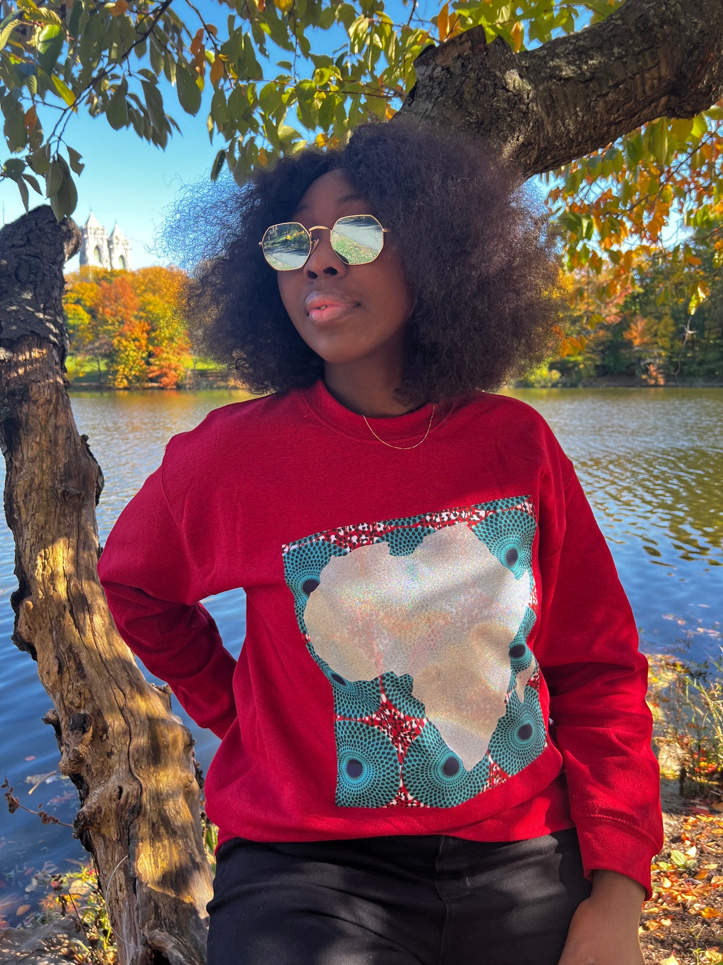 Red Long Sleeve Sweatshirt with Silver African Map on Ankara Square