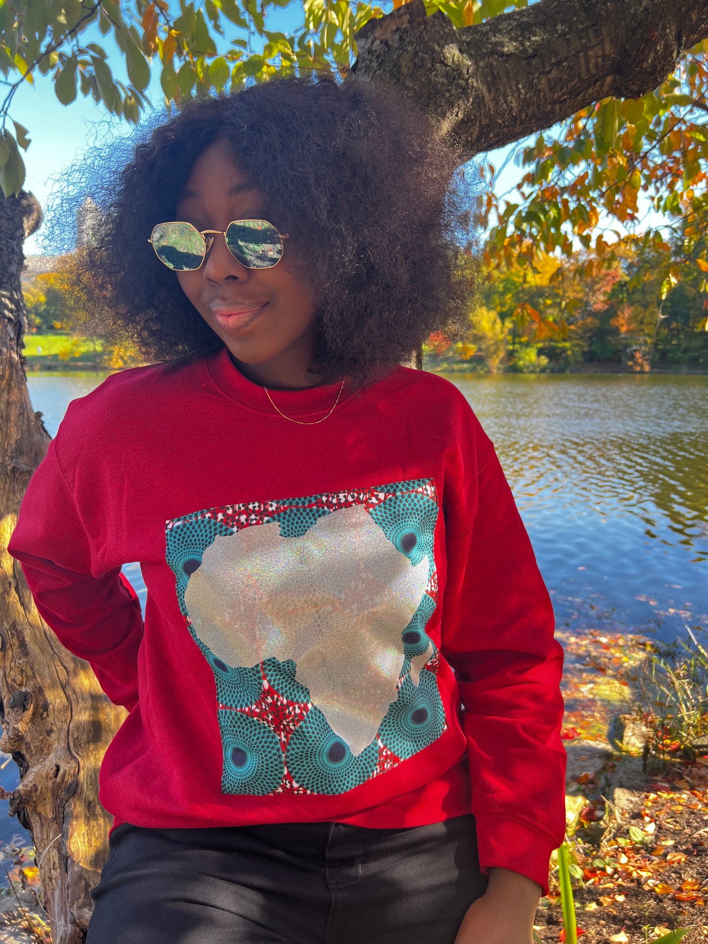 Red Long Sleeve Sweatshirt with Silver African Map on Ankara Square