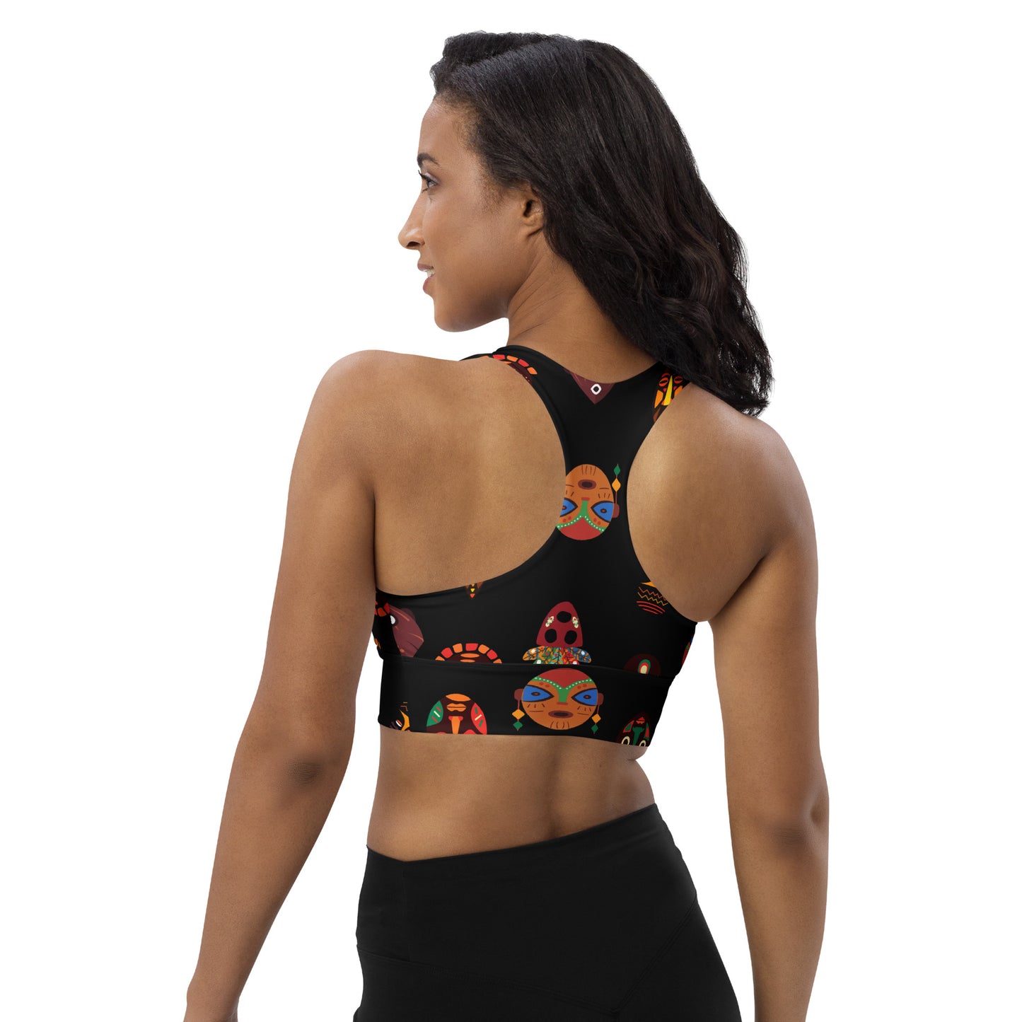 Chi Tribal Mask Multi Face Longline sports bra