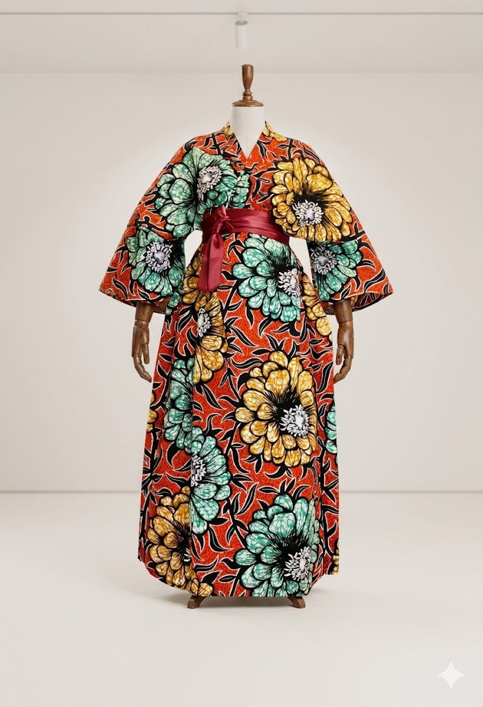 African Print Wax Kimono Duster Coat Floor Length Ankara Kimono ASAKE-OGE