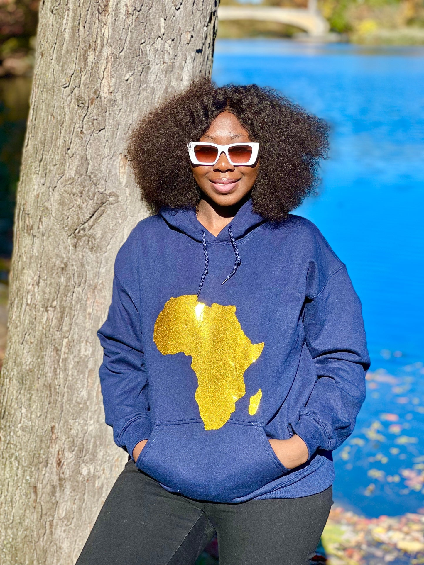 Royal Blue Navy Blue Black Men Women Unisex Hoodie with Gold Africa Map