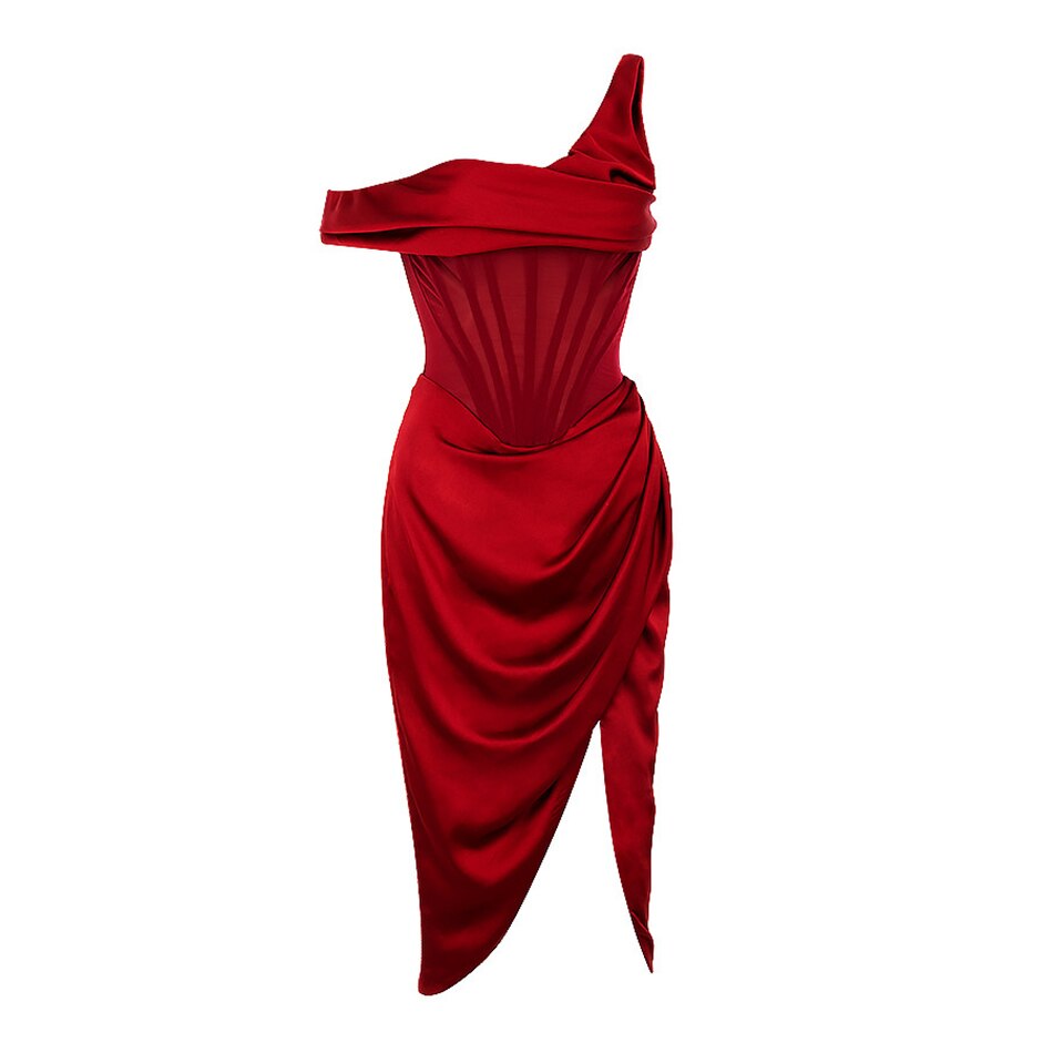 Sexy One Shoulder High Split Bodycon Elegant Dress Women Backless Draping Party Dress