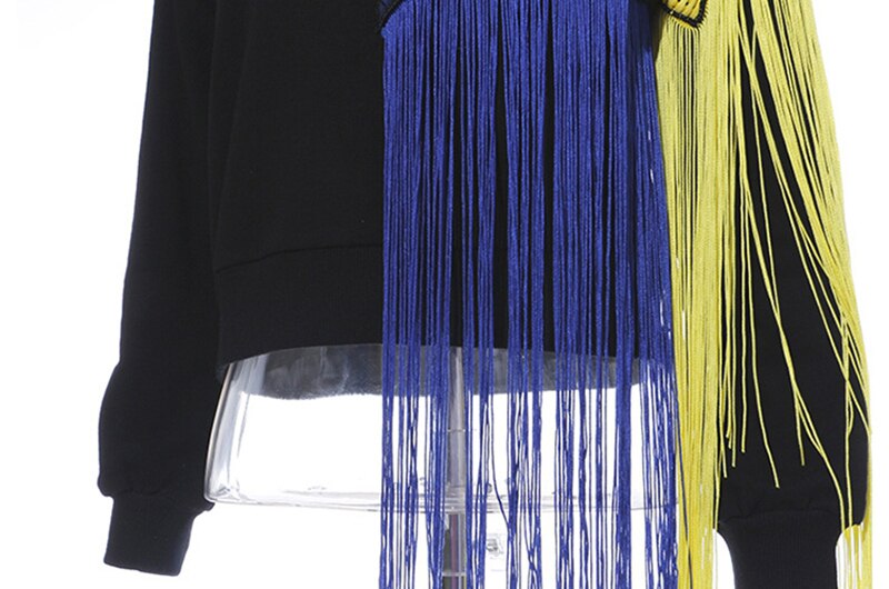 Hit Color Streetwear Sweatshirt For Women O Neck Long Sleeve Patchwork Tassel Sweatshirts