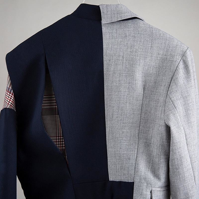 Irregular Striped Blazers For Women Notched Long Sleeve Patchwork Plaid Hit Color Coats