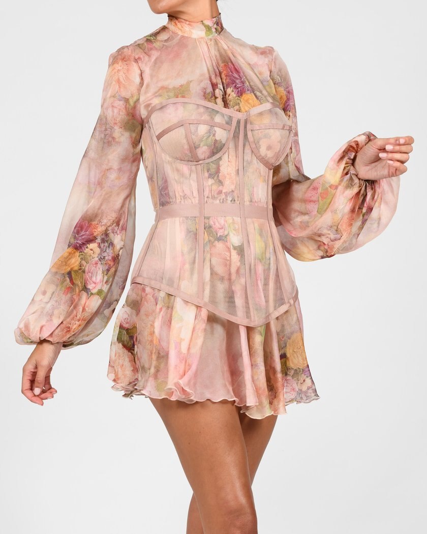 Women's Printed Chiffon Slim Dress Women's Long Sleeve Gauze Lace Floral Dress Female Print Autumn Elegant Fashion Sweet Casual
