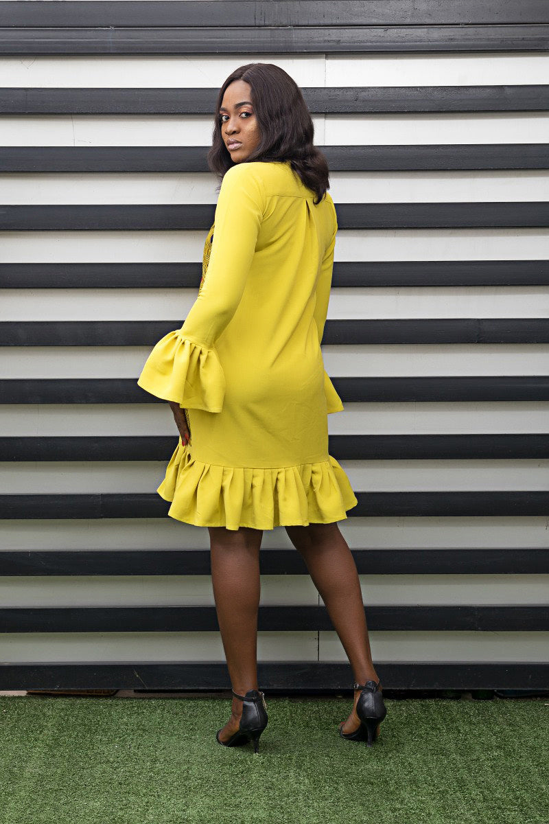 Sade African Print Long Sleeve Mustard Yellow Button Down Shirt Dress