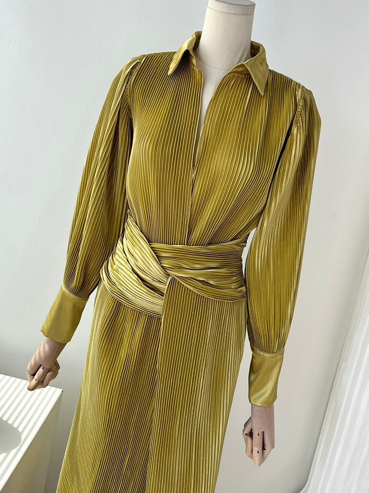 Vintage Yellow Dress For Women Lapel Long Sleeve High Waist Ruched Solid Midi Dresses Female Spring Clothing New