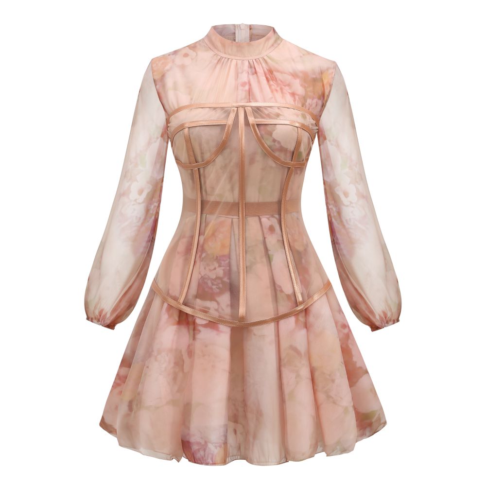Women's Printed Chiffon Slim Dress Women's Long Sleeve Gauze Lace Floral Dress Female Print Autumn Elegant Fashion Sweet Casual