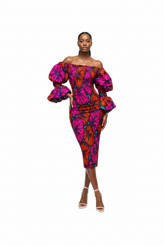 Farida Smocked Off-Shoulder Puff-Sleeve Cocktail Party Midi Dress