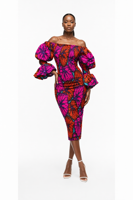 Farida Smocked Off-Shoulder Puff-Sleeve Cocktail Party Midi Dress