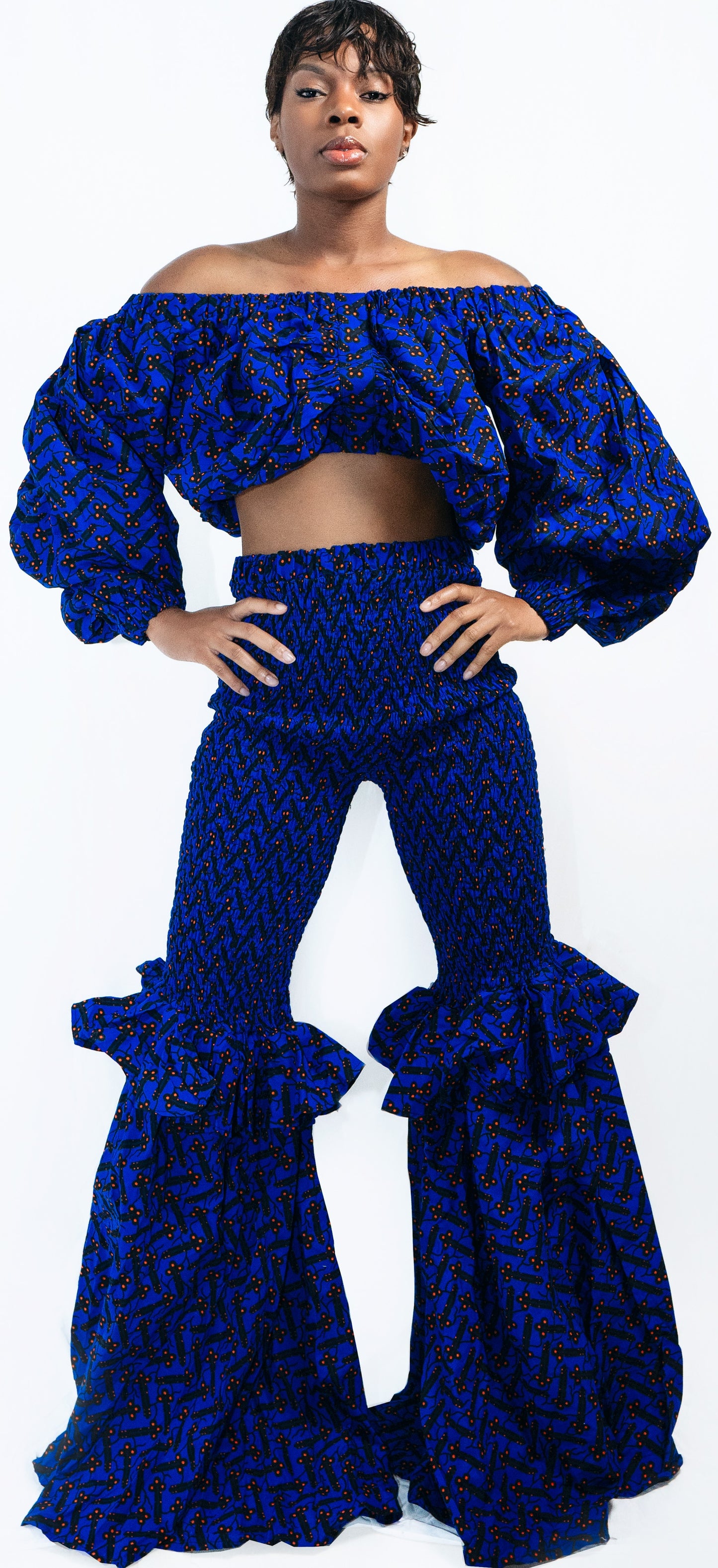 Ifeoma Off-Shoulder Crop Top and Smocked Two-Step Bell Bottom African print Set