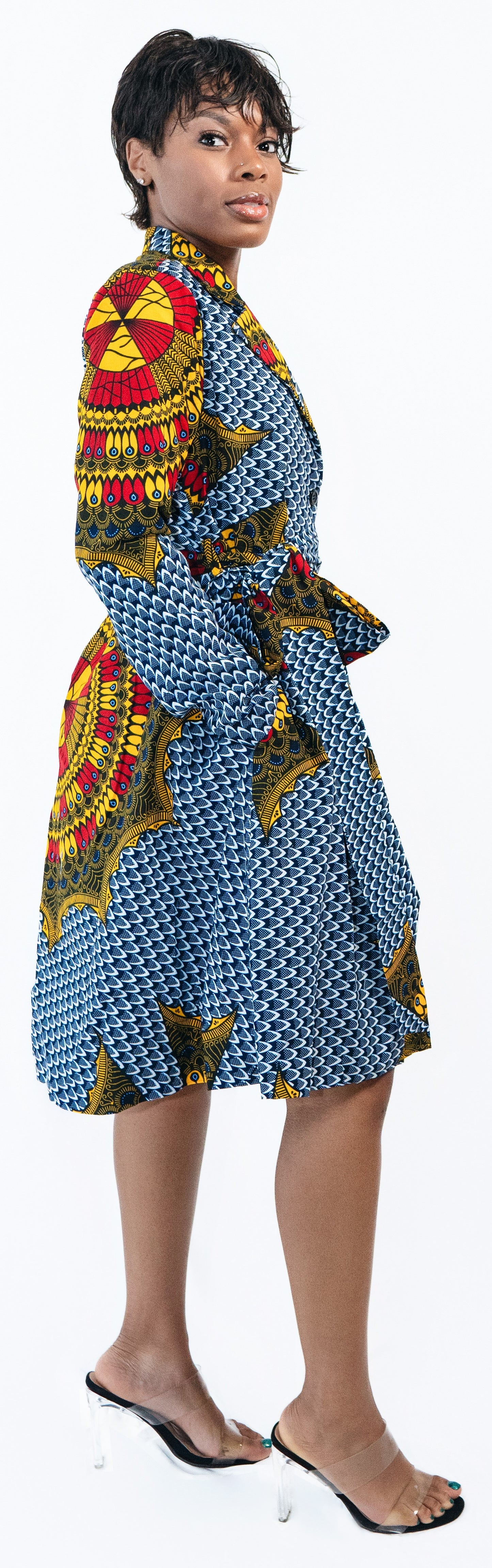 Thelma Long Sleeve Button-Down Midi Wrap Ankara Print Dress