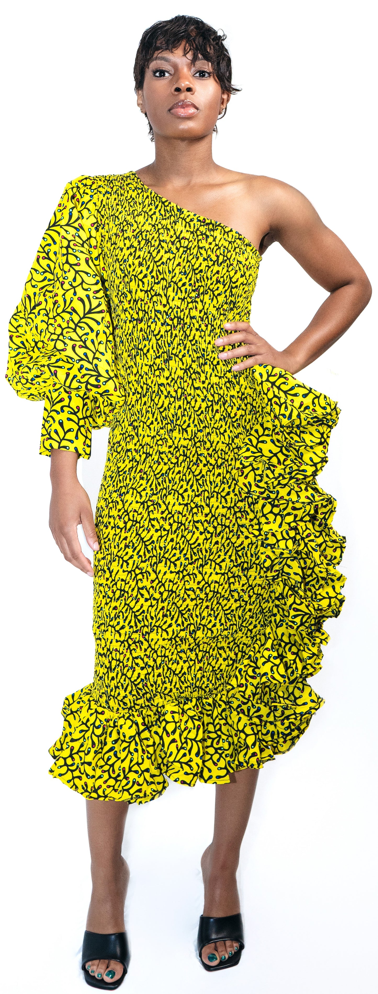 Missy Mono-Sleeve Ruffled Asymmetric Hem Midi African Print Dress