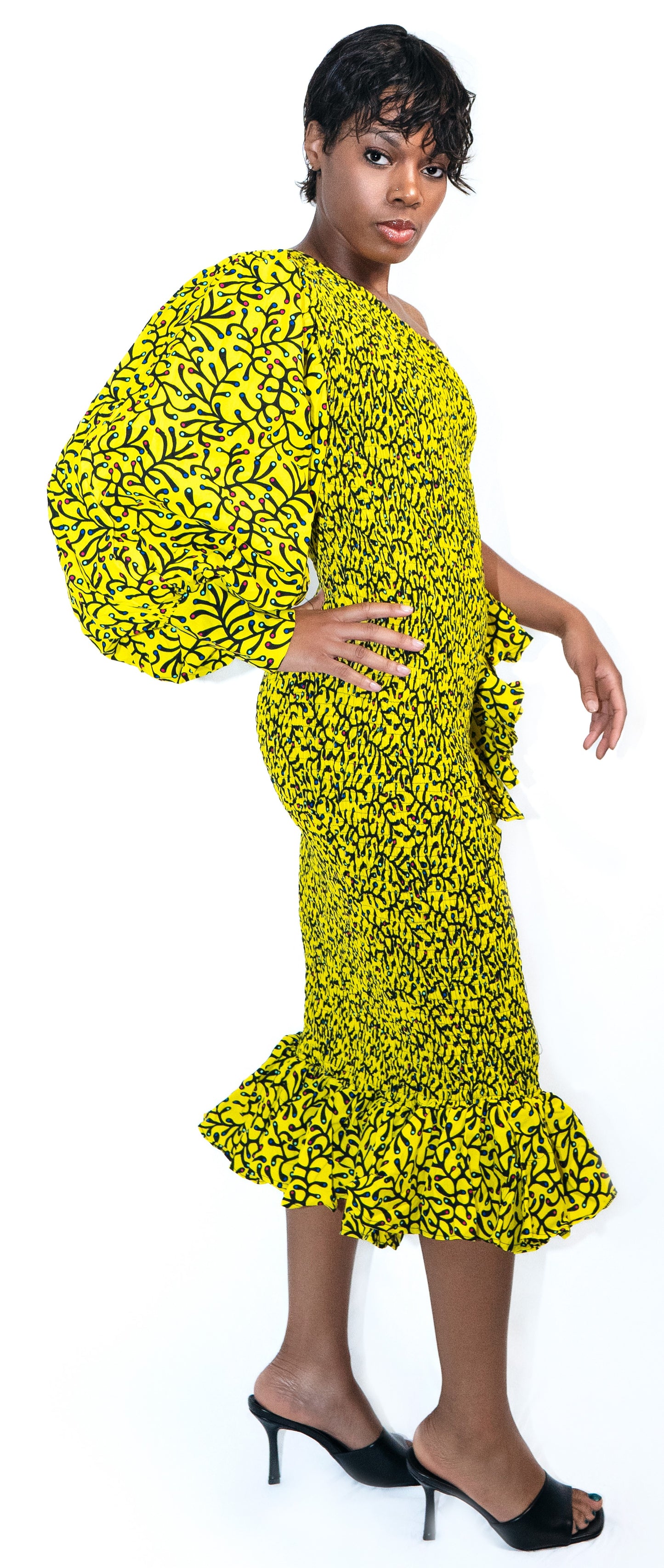 Missy Mono-Sleeve Ruffled Asymmetric Hem Midi African Print Dress
