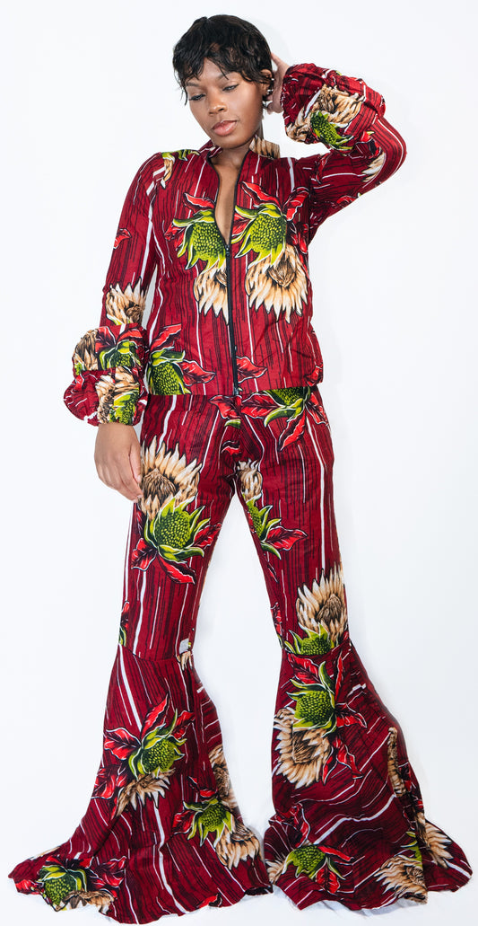 Prince Trio Long-sleeve Zipper Jacket, Spaghetti Top, and Over-long Flared Pants in Vibrant African Print