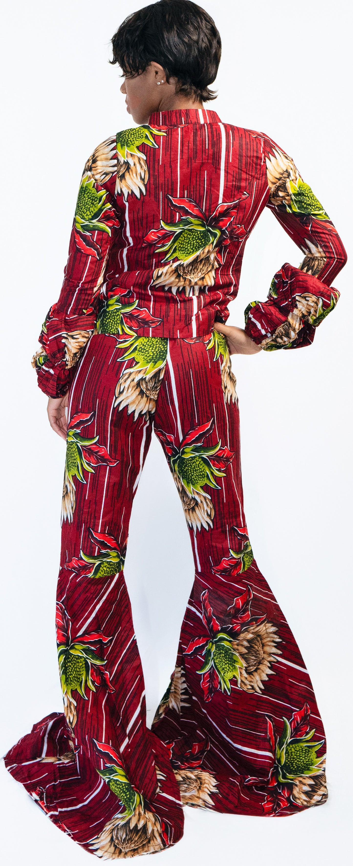 Prince Trio Long-sleeve Zipper Jacket, Spaghetti Top, and Over-long Flared Pants in Vibrant African Print