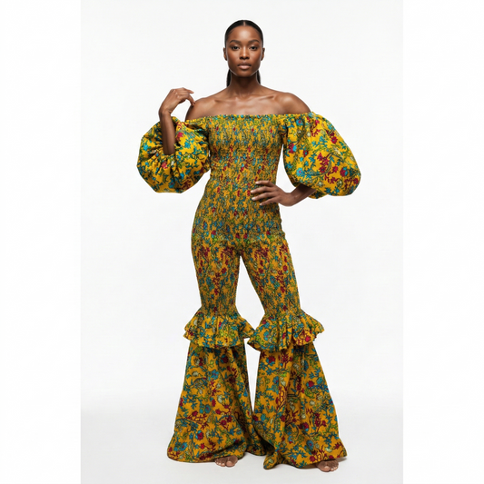 Freda Floral Smocked Bell Bottom Ankara Jumpsuit