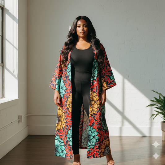 African Wax Print Kimono Duster Coat  Floor Length Ankara Kimono  ASAKE-OGE