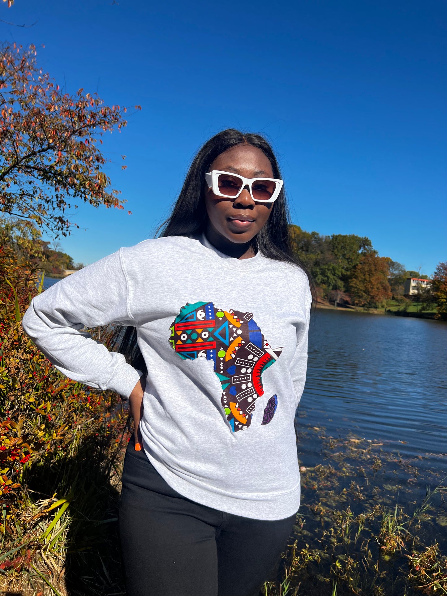 Grey Long Sleeve Sweatshirt with Vibrant Tribal Print African Map