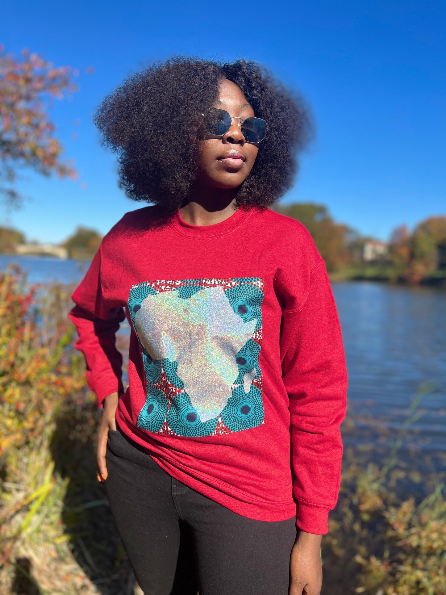 Red Long Sleeve Sweatshirt with Silver African Map on Ankara Square
