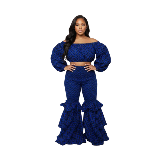 Ifeoma Off-Shoulder African Print Crop Top and Ankara Smocked Two-Step Bell Set