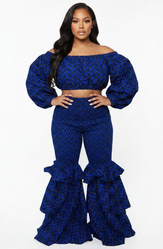 Ifeoma Off-Shoulder Crop Top and Smocked Two-Step Bell Bottom African print Set
