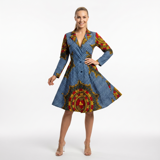 Thelma Long Sleeve Button-Down Midi Wrap Ankara Print Dress