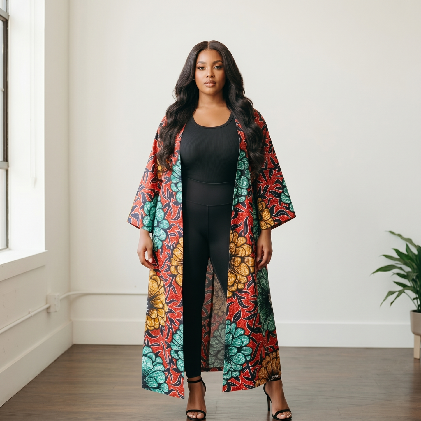 African Print Wax Kimono Duster Coat Floor Length Ankara Kimono  ASAKE-OGE