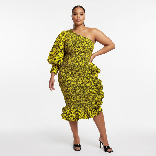 Missy Mono-Sleeve Ruffled Asymmetric Hem Midi African Print Dress