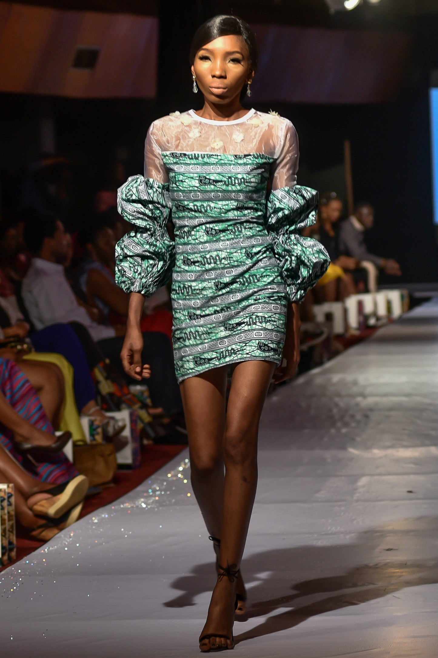 HADIZA Green Double Puff Sleeves Ankara and Chiffon Midthigh Dress