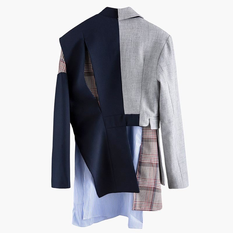 Irregular Striped Blazers For Women Notched Long Sleeve Patchwork Plaid Hit Color Coats