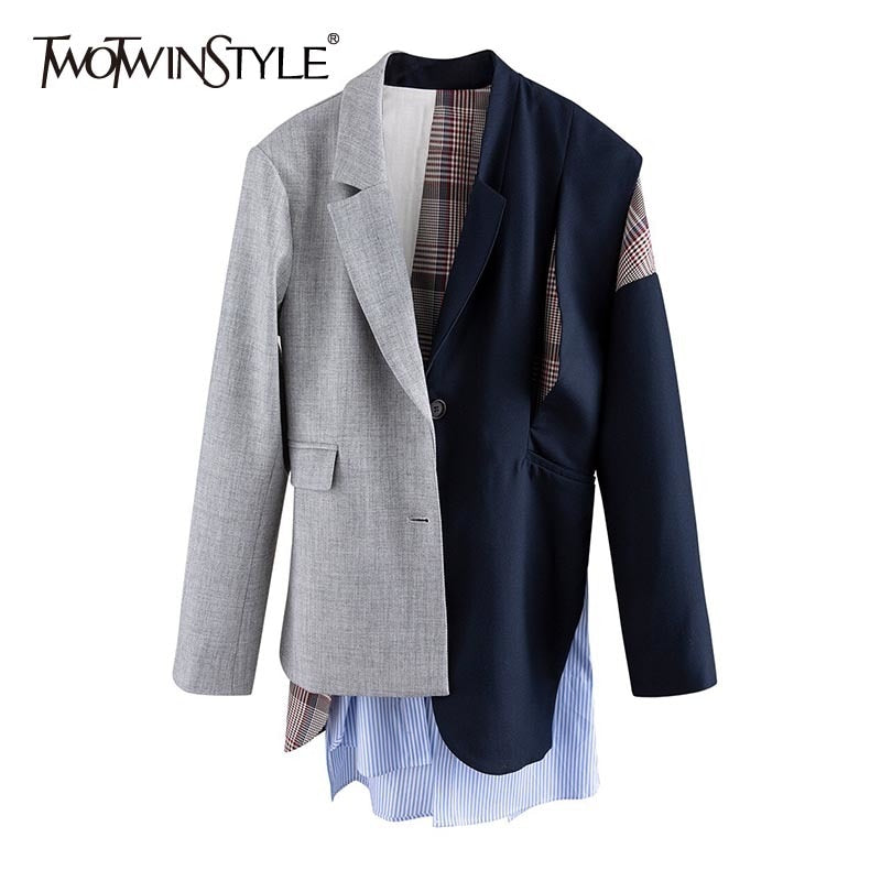 Irregular Striped Blazers For Women Notched Long Sleeve Patchwork Plaid Hit Color Coats