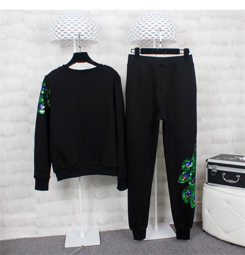 Womens Sweatshirts Round Neck Long-sleeved Embroidered Peacock Sequin Suit Thick Velvet Pants Female