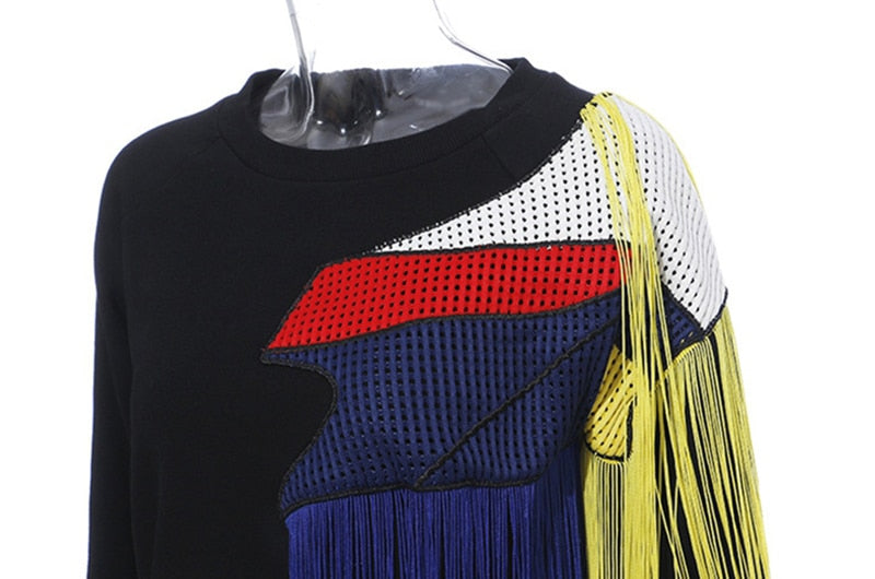 Hit Color Streetwear Sweatshirt For Women O Neck Long Sleeve Patchwork Tassel Sweatshirts