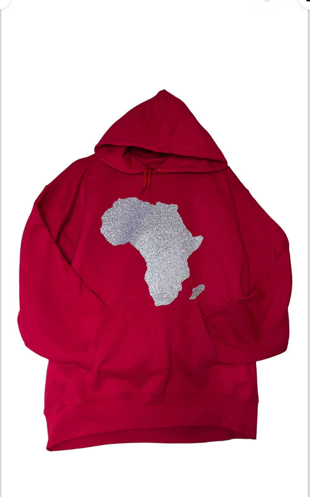 Blood Red Long Sleeve Men Women Unisex Hoodie with Silver African Map Detail
