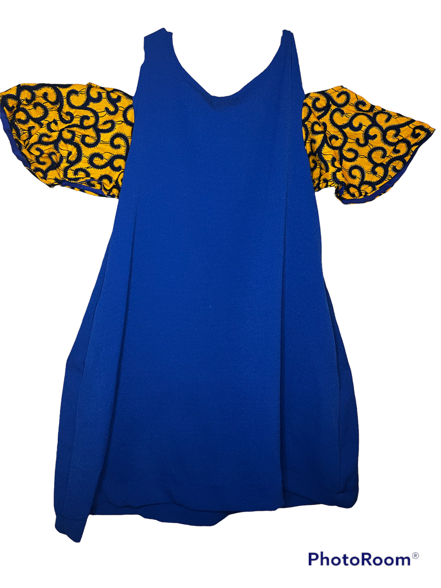 Sassy Madam Blue Cold Shoulder Mixed Material Free Dress With yellow and Ankara Head Wrapped face patch Patch