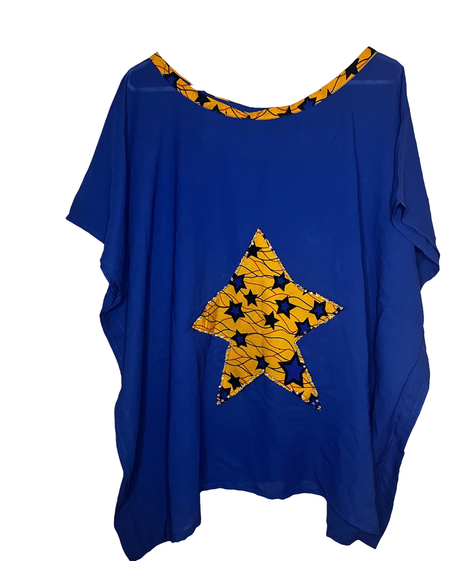 Blue Shortsleeve Boubou Top with Star-Cut African Print