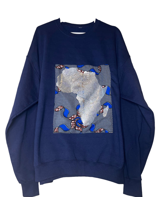 Blue Long Sleeve Sweatshirt with Silver African Map on Ankara Square