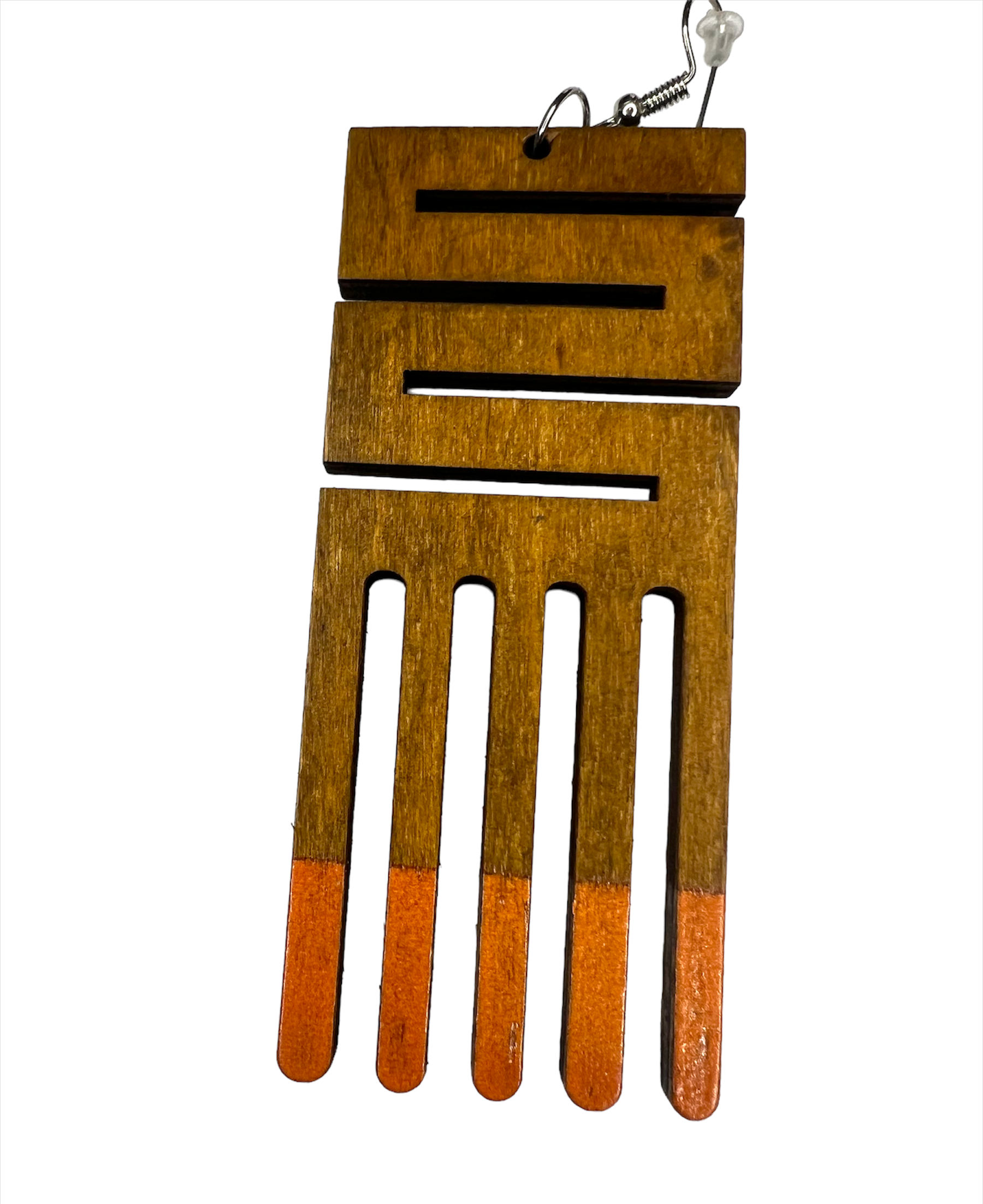 Natural wood dangling afro comb earring with maze-cut handle design and orange teeth; closeup