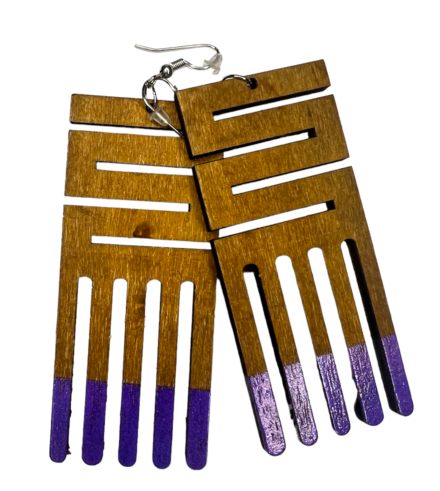 Natural wood dangling afro comb earring with maze-cut handle design and royal purple teeth