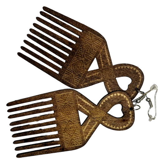 Brown coloured wooden dangling Afro comb earrings with tribal etching details and ribbon topped shape