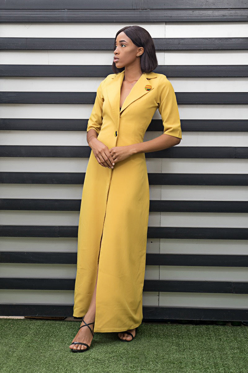 Shuri Mustard Yellow Tuxedo Maxi Dress
