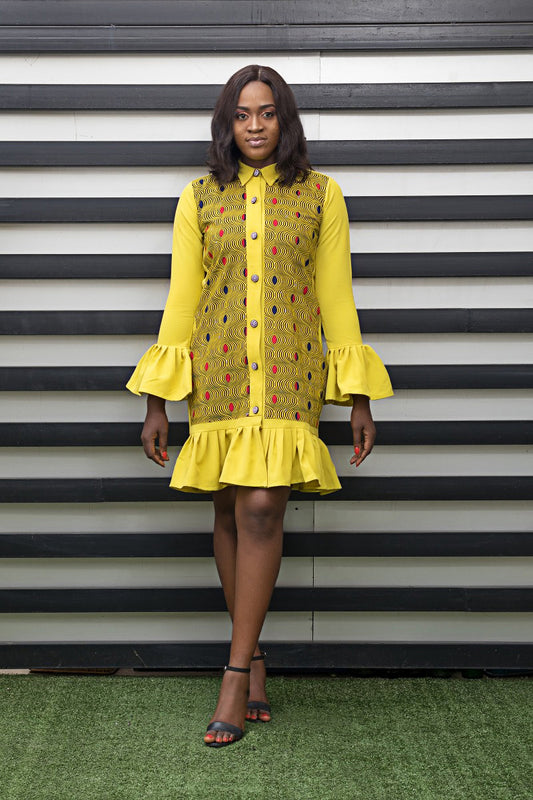 Sade African Print Long Sleeve Mustard Yellow Button Down Shirt Dress