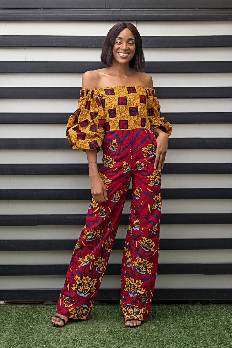 Bella Mixed Print Off Shoulder Bell Sleeves Red and Yellow Jumpsuit Romper