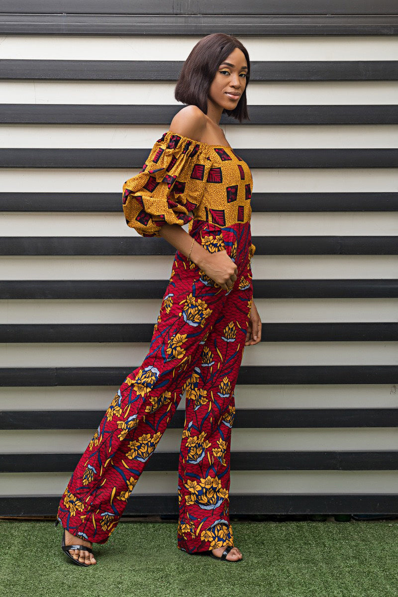 Bella Mixed Print Off Shoulder Bell Sleeves Red and Yellow Jumpsuit Romper